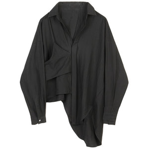 [EAM] Women Black Asymmetrical Big Size Blouse New Lapel Long Sleeve Loose Fit Shirt Fashion Tide Spring Autumn 2020 1B445