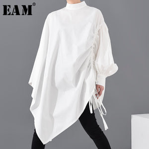 [EAM] Women White Drawstring Big Size Blouse New Stand Collar Long Sleeve Loose Fit Shirt Fashion Spring Summer 2020 1S22900