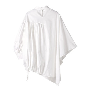 [EAM] Women White Drawstring Big Size Blouse New Stand Collar Long Sleeve Loose Fit Shirt Fashion Spring Summer 2020 1S22900