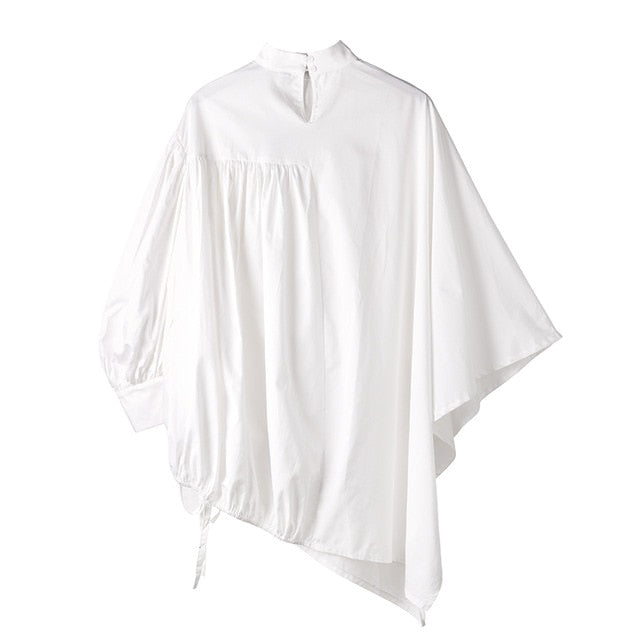 [EAM] Women White Drawstring Big Size Blouse New Stand Collar Long Sleeve Loose Fit Shirt Fashion Spring Summer 2020 1S22900