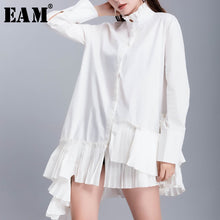 Load image into Gallery viewer, [EAM] Women White Hem Pleated Asymmetrical Blouse New Stand Collar Long Sleeve Loose Fit Shirt Fashion Spring Autumn 2020 JR944
