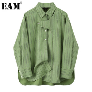 [EAM] Women Green Striped Split Joint Big Size Blouse New Lapel Long Sleeve Loose Fit Shirt Fashion Spring Autumn 2020 1U348