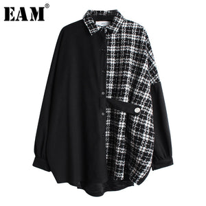 [EAM] Women Tweed Plaid Split Big Size Blouse New Lapel Long Sleeve Loose Fit Shirt Fashion Tide Spring Autumn 2020 19A-a46