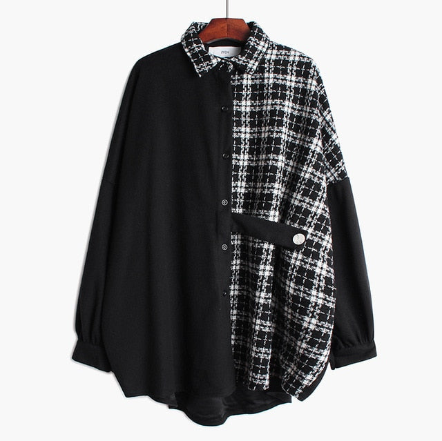 [EAM] Women Tweed Plaid Split Big Size Blouse New Lapel Long Sleeve Loose Fit Shirt Fashion Tide Spring Autumn 2020 19A-a46