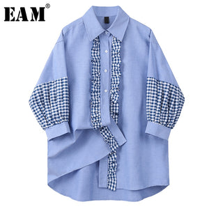 [EAM] Women Blue Plaid Ruffles Split Big Size Blouse New Lapel Long Sleeve Loose Fit Shirt Fashion Tide Spring Autumn 2020 1U340