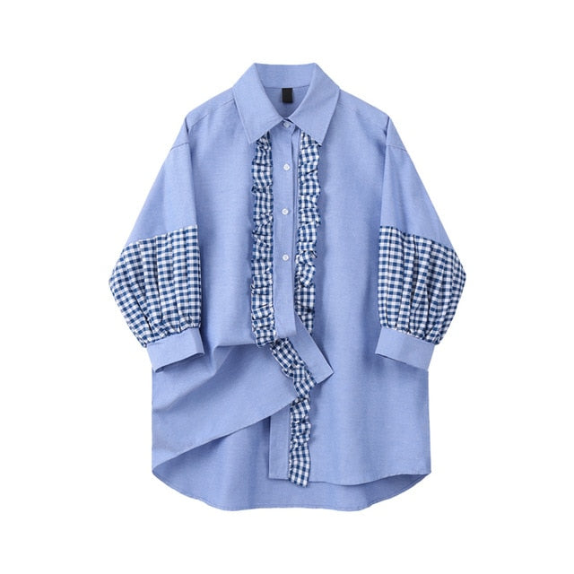 [EAM] Women Blue Plaid Ruffles Split Big Size Blouse New Lapel Long Sleeve Loose Fit Shirt Fashion Tide Spring Autumn 2020 1U340