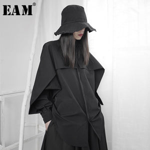 [EAM] Women Black Ruffles Stitch Big Size Blouse New Lapel Long Sleeve Loose Fit Shirt Fashion Tide Spring Autumn 2020 1S235