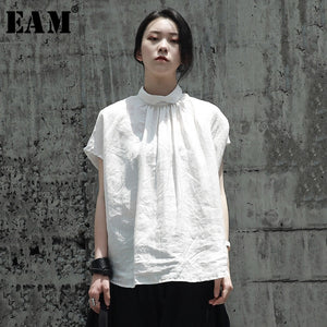 [EAM] Women White Linen Back Button Big Size Blouse New Satnd Collar Short Sleeve Loose Shirt Fashion Spring Summer 2020 JQ934