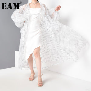 [EAM] Women White Dot Printed Mesh Ruffles Big Size Long Blouse New Long Sleeve Loose Fit Shirt Fashion Spring Summer 2020 JF394