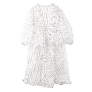 [EAM] Women White Dot Printed Mesh Ruffles Big Size Long Blouse New Long Sleeve Loose Fit Shirt Fashion Spring Summer 2020 JF394