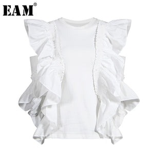 [EAM] Women White Off Shoulder Ruffles Blouse New Round Neck Long Sleeve Loose Fit Shirt Fashion Tide Spring Summer 2020 1W023