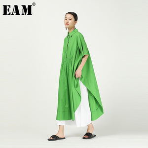 [EAM] Women Asymmetrical Green Big Size Blouse New Lapel Long Sleeve Loose Fit Shirt Fashion Tide Spring Autumn 2020 1T642