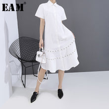 Load image into Gallery viewer, [EAM] Women White Hollow Out Split Joint Shirt Dress New Lapel Short Sleeve Loose Fit Fashion Tide Spring Summer 2020 1T454
