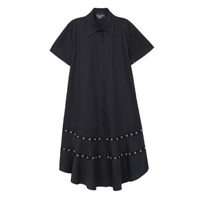 [EAM] Women White Hollow Out Split Joint Shirt Dress New Lapel Short Sleeve Loose Fit Fashion Tide Spring Summer 2020 1T454