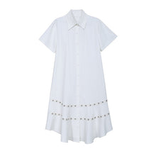 Load image into Gallery viewer, [EAM] Women White Hollow Out Split Joint Shirt Dress New Lapel Short Sleeve Loose Fit Fashion Tide Spring Summer 2020 1T454
