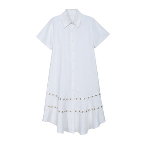 [EAM] Women White Hollow Out Split Joint Shirt Dress New Lapel Short Sleeve Loose Fit Fashion Tide Spring Summer 2020 1T454