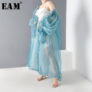 [EAM] Women Blue Dot Mesh Perspective Big Size Long Blouse New Long Sleeve Loose Fit Shirt Fashion Spring Summer 2020 JF39405