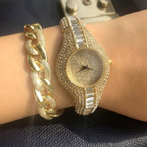 Luxury Watches For Women Rhinestone Wrist Watch Pave Cubic Zirconia Bracelet Set Waterproof Quartz Clock Hours Watches Lady Gift