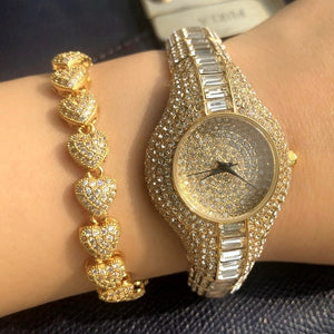 Luxury Watches For Women Rhinestone Wrist Watch Pave Cubic Zirconia Bracelet Set Waterproof Quartz Clock Hours Watches Lady Gift