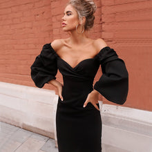 Load image into Gallery viewer, RICORIT Women Sexy Bodycon Dress Pure V Neck Off Shoulder Lantern Sleeve Dress Party Night Elegant Midi Dress Mujer Black Dress
