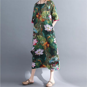 O Neck Large Size Dress 2020 Summer new mid-sleeve ethnic style loose cotton linen lotus Casual Pockets dress