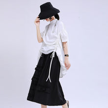 Load image into Gallery viewer, [EAM] Women 2 Ways Wear Drawstring Big Size Blouse New Stand Collar Half Sleeve Loose Fit Shirt Fashion Spring Summer 2020 1U655
