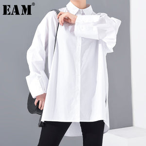 [EAM] Women White Brief Split Big Size Long Blouse New Lapel Long Sleeve Loose Fit Shirt Fashion Tide Spring Summer 2020 1M93300