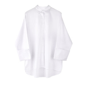 [EAM] Women White Brief Split Big Size Long Blouse New Lapel Long Sleeve Loose Fit Shirt Fashion Tide Spring Summer 2020 1M93300