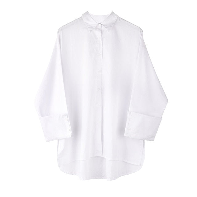 [EAM] Women White Brief Split Big Size Long Blouse New Lapel Long Sleeve Loose Fit Shirt Fashion Tide Spring Summer 2020 1M93300