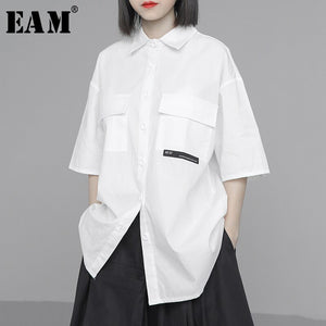 [EAM] Women White Pattern Big Size Blouse New Lapel Three-quarter Sleeve Loose Fit Shirt Fashion Tide Spring Summer 2020 1U362