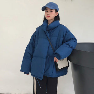 Korean Style 2019 Winter Jacket Women Stand Collar Solid Black White Female Down Coat Loose Oversized Womens Short Parka