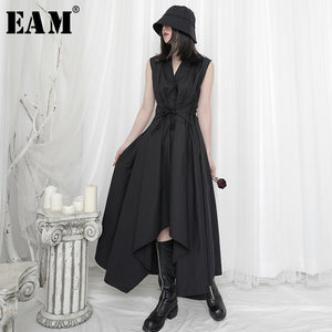 [EAM] Women Black Irregular Big Size Long Shirt Dress New Lapel Sleeveless Loose Fit Fashion Tide Spring Summer 2020 1U956