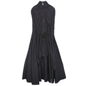 [EAM] Women Black Irregular Big Size Long Shirt Dress New Lapel Sleeveless Loose Fit Fashion Tide Spring Summer 2020 1U956