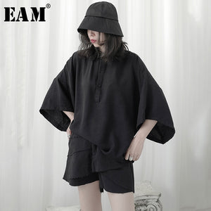 [EAM] Women Black Brief Big Size Blouse New Lapel Three-quarter Sleeve Loose Fit Shirt Fashion Tide Spring Summer 2020 1U952