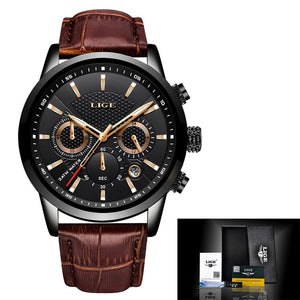 2020 New Mens Watches LIGE Top Brand Leather Chronograph Waterproof Sport Automatic Date Quartz Watch For Men Relogio Masculino