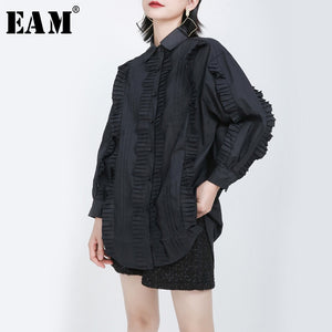 [EAM] Women Black Pleated Split Big Size Blouse New Lapel Long Sleeve Loose Fit Shirt Fashion Tide Spring Autumn 2020 1S270