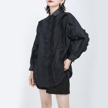 Load image into Gallery viewer, [EAM] Women Black Pleated Split Big Size Blouse New Lapel Long Sleeve Loose Fit Shirt Fashion Tide Spring Autumn 2020 1S270
