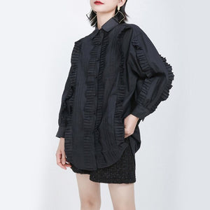 [EAM] Women Black Pleated Split Big Size Blouse New Lapel Long Sleeve Loose Fit Shirt Fashion Tide Spring Autumn 2020 1S270