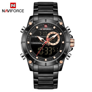 NAVIFORCE Men Military Sport Wrist Watch Gold Quartz Steel Waterproof Dual Display Male Clock Watches Relogio Masculino 9163