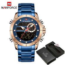 Load image into Gallery viewer, NAVIFORCE Men Military Sport Wrist Watch Gold Quartz Steel Waterproof Dual Display Male Clock Watches Relogio Masculino 9163
