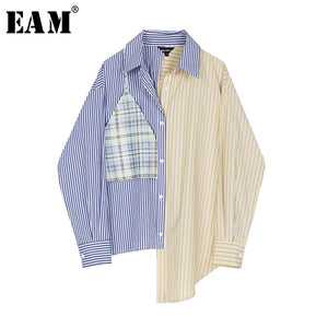 [EAM] Women Blue Striped Stitch Big Size Blouse New Lapel Long Sleeve Loose Fit Shirt Fashion Tide Spring Autumn 2020 1S376