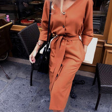 Load image into Gallery viewer, Sexy v Neck Autumn Long Sleeve Women Dress Ladies Sashes Button Casual Office Dress 2019 New Fashion Women Midi Dress Vintage
