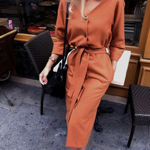 Sexy v Neck Autumn Long Sleeve Women Dress Ladies Sashes Button Casual Office Dress 2019 New Fashion Women Midi Dress Vintage