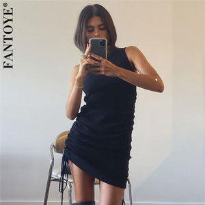 FANTOYE Cotton Ruched Drawstring Sexy Party Dress Women Sleeveless Elastic Mini Dress Vintage Summer Bodycon Club Wear Vestidos