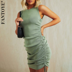 FANTOYE Cotton Ruched Drawstring Sexy Party Dress Women Sleeveless Elastic Mini Dress Vintage Summer Bodycon Club Wear Vestidos