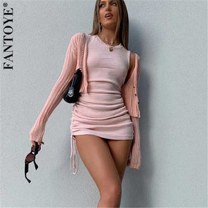 FANTOYE Cotton Ruched Drawstring Sexy Party Dress Women Sleeveless Elastic Mini Dress Vintage Summer Bodycon Club Wear Vestidos