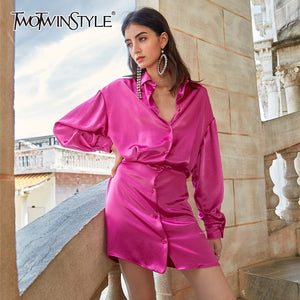 TWOTWINSTYLE Casual Silk Summer Dress Women Lapel Collar Lantern Long Sleeve High Waist Mini Dresses For Female Fashion 2020 New