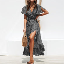 Load image into Gallery viewer, HiloRill Summer Beach Maxi Dress Women Floral Print Boho Long Dress Ruffles Wrap Casual V-Neck Split Sexy Party Dress Robe Femme
