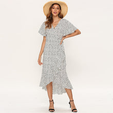 Load image into Gallery viewer, HiloRill Summer Beach Maxi Dress Women Floral Print Boho Long Dress Ruffles Wrap Casual V-Neck Split Sexy Party Dress Robe Femme
