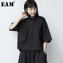 Load image into Gallery viewer, [EAM] Women Black Pocket Split Joint Short Blouse New Lapel Half Sleeve Loose Fit Shirt Fashion Tide Spring Summer 2020 1W289
